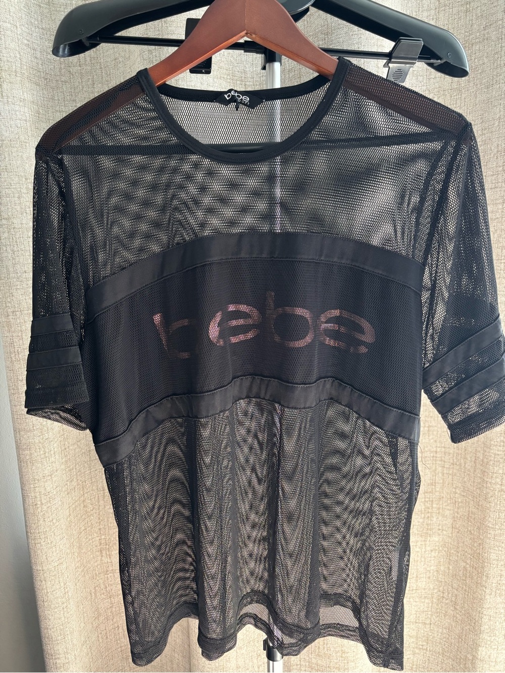 bebe Black Mesh Sport Logo Tee